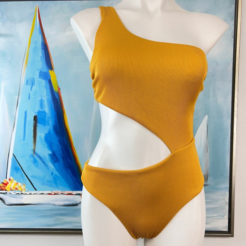 Amaryllis Mustard One-Shoulder Cutout One-Piece Swimsuit